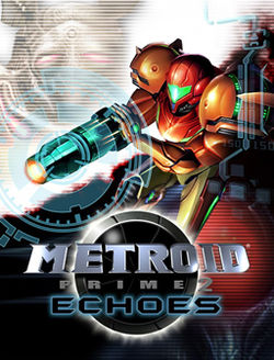 A person in a big, futuristic-looking powered suit with a helmet and large, bulky, and rounded shoulders holds the firearm on the right arm. A large crosshair-like symbol stands over her cannon, and other icons from the gameplay are seen on the right side of the image. Behind the person, a bird-like creature on a white background and a creature with a big red eye on a black one. In the bottom of the image, the title "Metroid Prime" in front of an insignia with a metallic ball with a black core.