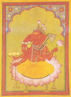 Attired in an orange dhoti, an elephant-headed man sits on a large lotus. His body is red in colour and he wears various golden necklaces and bracelets and a snake around his neck. On the three points of his crown, budding lotuses have been fixed. He holds in his two right hands the rosary (lower hand) and a cup filled with three modakas (round yellow sweets), a fourth modaka held by the curving trunk is just about to be tasted. In his two left hands, he holds a lotus above and an axe below, with its handle leaning against his shoulder.