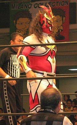 A male wearing a mask and a body suit, with the colors schemes of red, white, black, and yellow, standing inside a wrestling ring