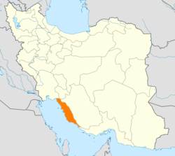 Map of Iran with Bushehr highlighted