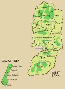 Map showing areas of Palestinian Authority control or joint control (Areas A and B) in deep green