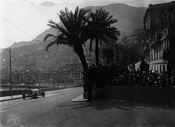 A large, open sports car drives past crowds of people and palm trees, with the city of Monaco in the background