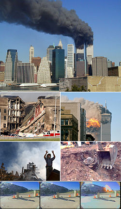 A montage of eight images depicting, from top to bottom, the World Trade Center towers burning, the collapsed section of the Pentagon, the impact explosion in the south tower, a rescue worker standing in front of rubble of the collapsed towers, an excavator unearthing a smashed jet engine, three frames of video depicting airplane impacting the Pentagon.