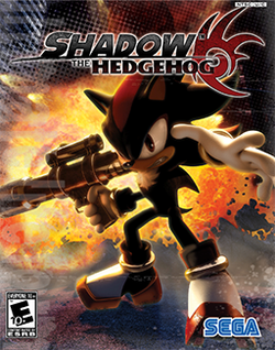 An anthropomorphic black hedgehog with spiky hair holds a handgun, striking an attacking pose with an unhappy expression on his face. A stylized explosion is visible in the background. The words "Shadow the Hedgehog" adorn the top of the screen, as does a red logo that resembles the hedgehog's head.