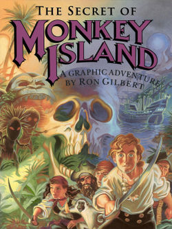Artwork of a vertical rectangular box that depicts a group of pirates with swords in front of a montage of a jungle scene, a large skull, and a ship at sea. The top portion reads "The Secret of Monkey Island: A Graphic Adventure by Ron Gilbert".