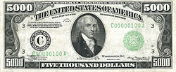 Series 1934 $5,000 Federal Reserve Note, Obverse