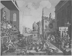 A monochrome illustration of an outdoor scene.  In the background, a building is under construction.  A tall church, and other ornate structures, are also visible.  To the left, a judge, seated high above everybody else, watches over the scene before him.  Below him, riflemen shoot at a dove of peace flying through the air.  In the middle of the image, two gardeners tend to a display of shrubbery.  One pumps water from a large ornate fountain, the other struggles with a wheelbarrow.  To the right, two figures, a man and a ghost, are stood in a pillory.  Behind them, in the shade, a wigged man tends to his followers.