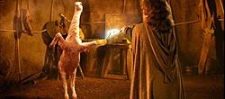 A woman in a hooded cloak with her back to the camera holds a lightening wand toward a two-legged animal that appears to be part goat and part ostrich.