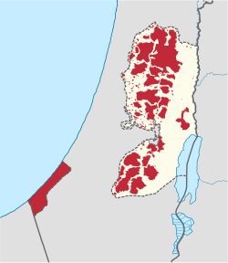 Map showing areas of Palestinian Authority control or joint control (Areas A and B) in deep green