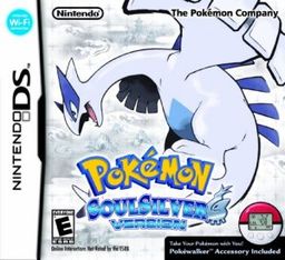 Artwork of a silver, square box that depicts the side-view of a white and blue colored aquatic creature. The bottom portion reads "Pokémon SoulSilver Version".