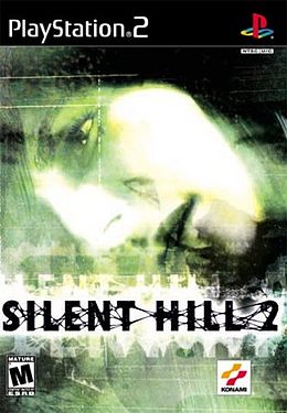 A video game cover. At the top is the PlayStation 2 logo, followed by a distorted, green-tinted close-up of the side of a person's face above the Silent Hill 2 logo. At the bottom is the Entertainment Software Rating Board's rating of the game as Mature, and Konami's logo.