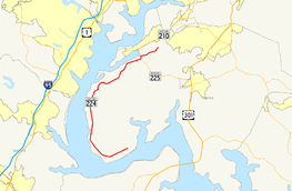 A map of Charles County, Maryland showing major roads.  Maryland Route 224 runs mostly along the Potomac River from Riverside to Pomonkey.