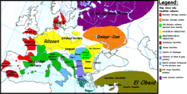 Map showing the principle archaeology cultures of Late Neolithic Europe. The Rössen culture occupies an area of North-Central Europe corresponding roughly to modern day Germany, Austria and the Low Countries.