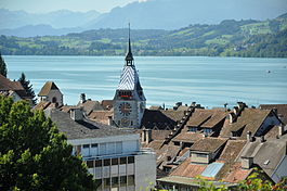 Zug - View over Lake Zug with the old city of Zug and the Zytturm