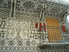 House covered with sgraffito in the village of Pyrgi