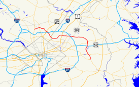 A map of the Washington, D.C. metropolitan area showing major roads.  Maryland Route 193 connects several suburbs north and east of Washington in Maryland.