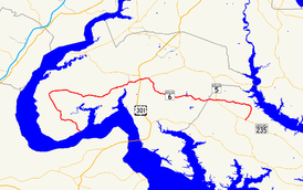 A map of southern Maryland showing major roads.  Maryland Route 6 runs from southwestern Charles County to northeastern St. Mary's County