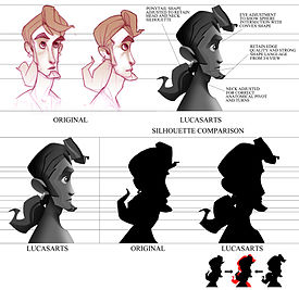Several concept images of a man's head, with a goatee beard and a ponytail. On the top row, the image shows several refinements and changes between the initial and final designs, while the second row contrasts the silhouettes of the two versions