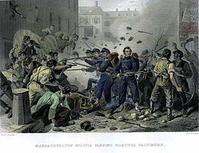 A color sketch depicting a riot in an urban setting. In the center of the scene is a small group of soldiers wearing blue uniforms and carrying muskets with fixed bayonets. The mob attacking the soldiers carries bats, pick axes and other weapons. Bricks and debris are flying in the air.