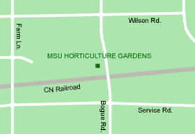 MSU Horticulture Garden's location on campus.