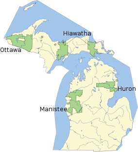 Map showing the location of Huron-Manistee National Forests