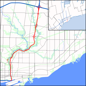 A map of the Don Valley Parkway (in red) and its vicinity. An inset map of the Toronto area is provided at the top right for context.