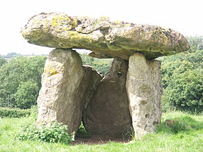 Front view of a dolmen. Its massive capstone is supported by standing stones to either side, with another (triangular) supporting stone at the rear – like a doorless closet. The rear orthostat has a small round hole near the middle top. The dolmen is set in an open, sloping (higher–left, lower–right) meadow of uncut grass, with trees to the rear in the middle distance.