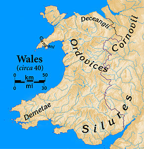 Map of Wales showing the names of Celtic British tribes in their territories