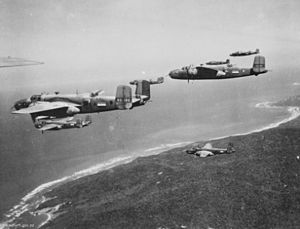 B-25 Mitchell bombers from No. 18 (NEI) Squadron near Darwin in 1943. This was one of three joint Australian-Dutch squadrons formed during the war.