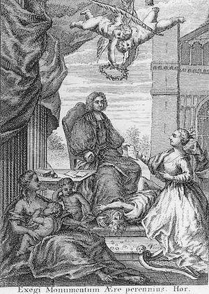 A man sits on a throne with a document in his left hand. The document is also held by a woman crouching before him. The man's feet are on a man looking up. A woman is on the bottom left nursing one child and holding another. At the top of the scene are two cherubims holding a laurel crown. In the background is a cathedral. The caption is "Exegi Monumentum Ære perennius. Hor."