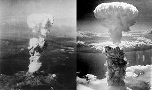 Two photos of atomic bomb mushroom clouds, over two Japanese cities in 1945.
