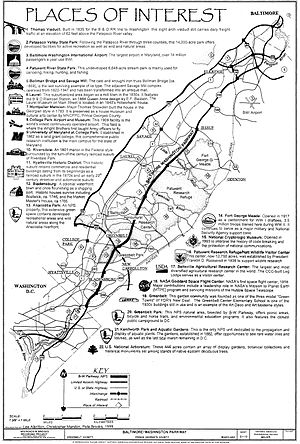 A map of a road running from Washington northeast to Baltimore with adjacent roads, communities, and landmarks listed. A brief description exists for each landmark.