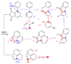 For example, the use of a carbon-13 label was used to determine the mechanism in the above proposed 1,2- to 1,3-didehydrobenzene conversion of the phenyl substituted aryne precursor 1 to acenaphthylene, reference: A m-Benzyne to o-Benzyne Conversion Through a 1,2-Shift of a Phenyl Group. Blake, M. E.; Bartlett, K. L.; Jones, M. Jr. J. Am. Chem. Soc. 2003, 125, 6485. doi:10.1021/ja0213672