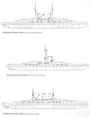Three line drawings of a battleship: the first and third have two funnels and two masts, while the second has just one funnel and one mast; all feature four main turrets and casemated guns