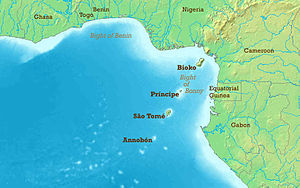 Green and blue map of the Gulf of Guinea, a number of small island lead out from the mainland into the Atlantic