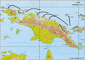 Topographic map of the island of New Guinea and the surrounding islands with arrows indicating an Allied advance along the northern coast.