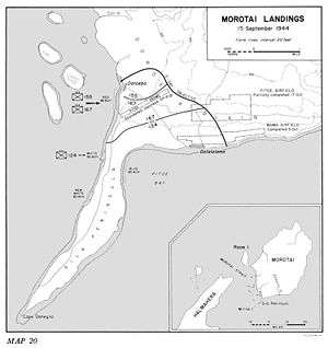A map of south-west Morotai illustrating the locations where the three US Army regiments landed on September 15, their D-Day objectives and the locations of the landing beaches and airfields named in the text.