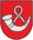 A coat of arms depicting a rounded, silver horn hung up by a rounded, silver strap all on a solid red background bordered by a black line