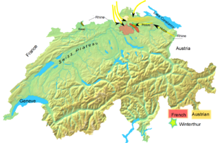 Topographical map of modern Switzerland shows the geographic details of the Swiss plateau, and general locations of the Austrian and French positions.