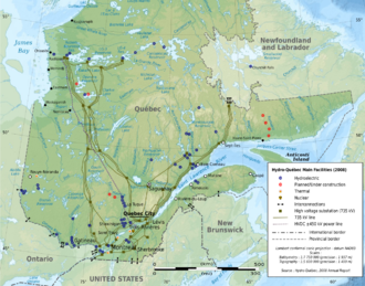 Map of Quebec showing the location of power stations and 450 kV and 735 kV power lines.