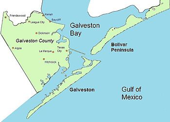 A map of the area at the mouth of Galveston Bay showing Galveston county which encompasses the island, the Bolivar Peninsula to the east, and a portion of the mainland to the west.