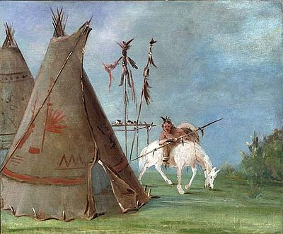 Comanche tipis and a mounted warrior. By George Catlin, 1835