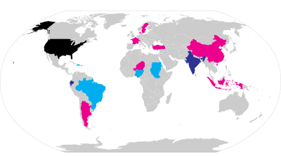 A line-drawing of a world map with the United States and Puerto Rico in black; Ecuador and India in violet; Brazil, the Dominican Republic, Haiti, Nigeria, and Sudan in cyan; and Argentina, mainland China, Denmark, France, Indonesia, Niger, Sweden, Switzerland, and Turkey in magenta.