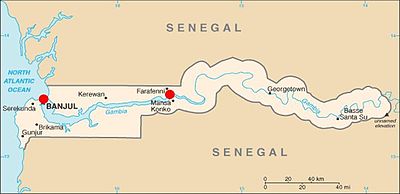 A map of The Gambia indicating the locations in the west and center where travellers may cross in order to arrive at Carabane