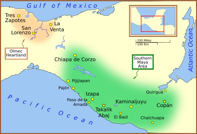 Map showing the locations of the Olmec heartland to the northwest and the southern Maya area southeast of it. The landmass is located in Central America and bordered by the Pacific Ocean to the southwest, the Gulf of Mexico to the northwest and the Atlantic Ocean to the east.