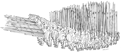 An ancient Greek military formation. The formation is sixteen men deep and sixteen men wide. The soldiers are armed with large, oval shields and long spears