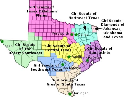 Map of Girl Scouts Councils in Texas