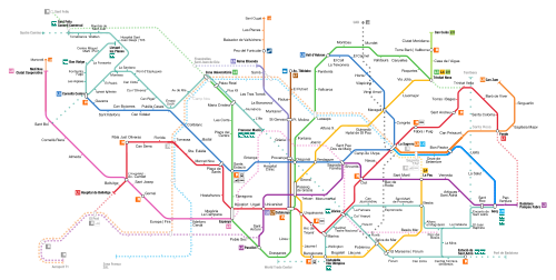 A colour-coded schematic map of the Barcelona Metro network.