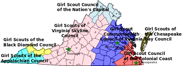 Map of Girl Scout Councils in Virginia