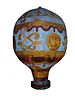 Picture of a model of a hot air balloon, which has a blue background and is decorated with gold.